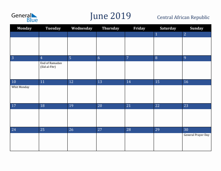 June 2019 Central African Republic Calendar (Monday Start)