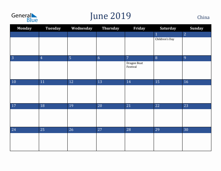 June 2019 China Calendar (Monday Start)