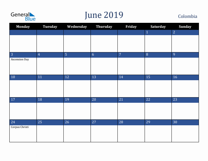 June 2019 Colombia Calendar (Monday Start)