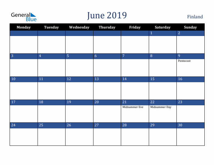 June 2019 Finland Calendar (Monday Start)