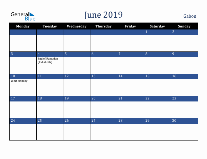 June 2019 Gabon Calendar (Monday Start)