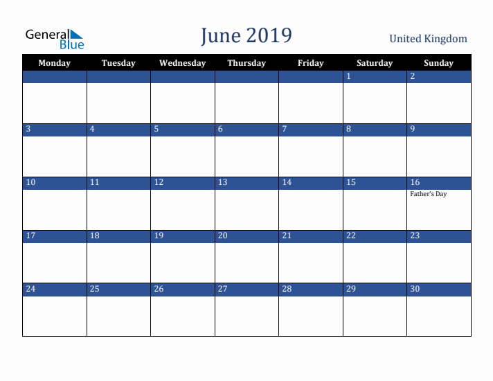 June 2019 United Kingdom Calendar (Monday Start)