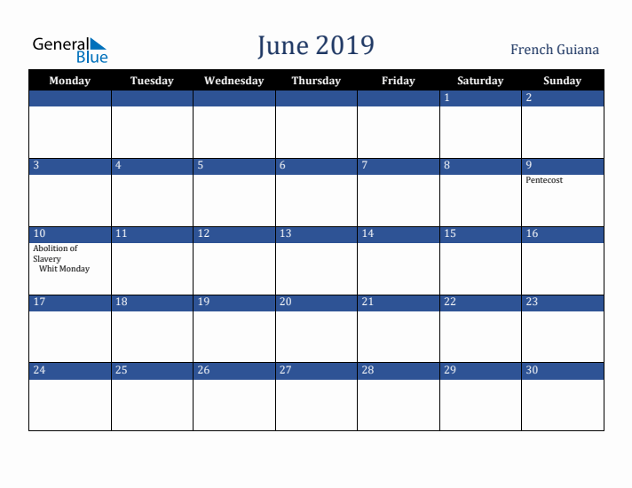 June 2019 French Guiana Calendar (Monday Start)