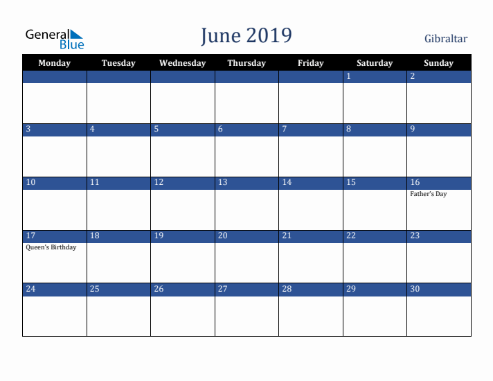 June 2019 Gibraltar Calendar (Monday Start)