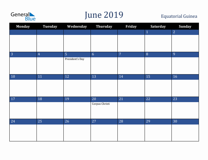 June 2019 Equatorial Guinea Calendar (Monday Start)