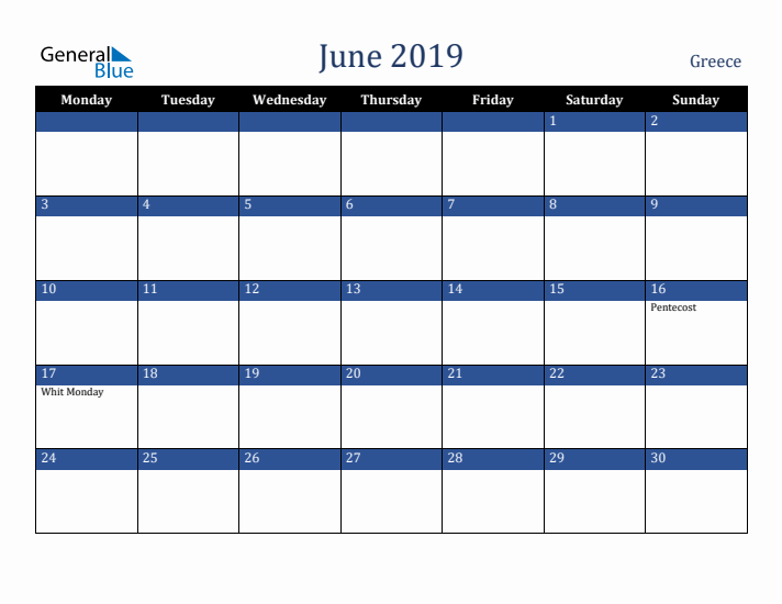 June 2019 Greece Calendar (Monday Start)