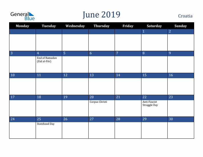 June 2019 Croatia Calendar (Monday Start)