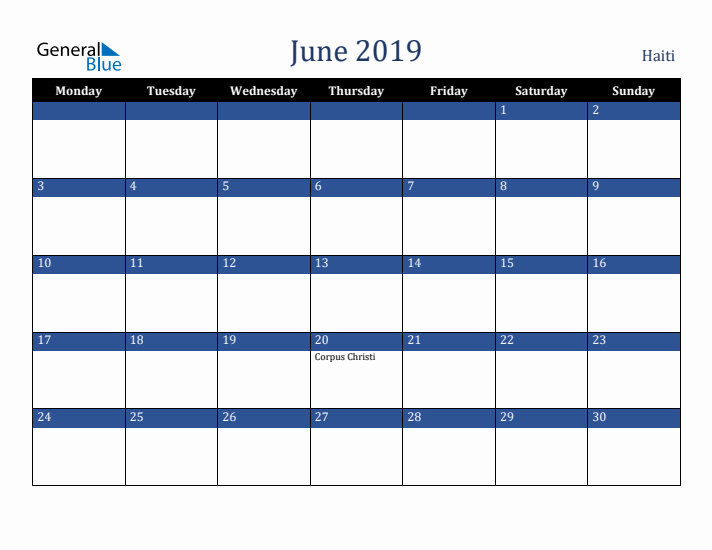 June 2019 Haiti Calendar (Monday Start)