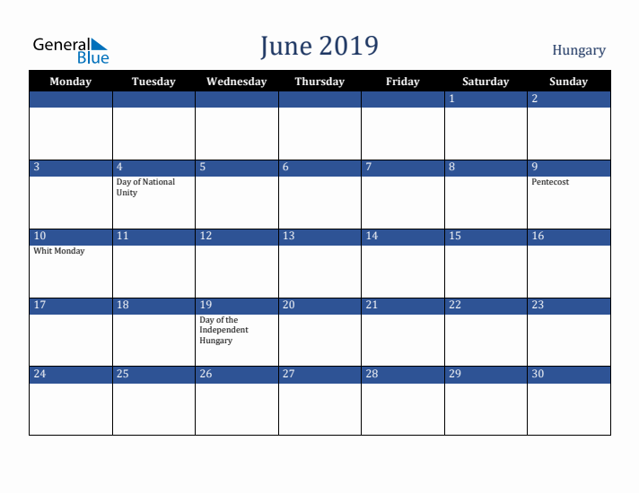 June 2019 Hungary Calendar (Monday Start)