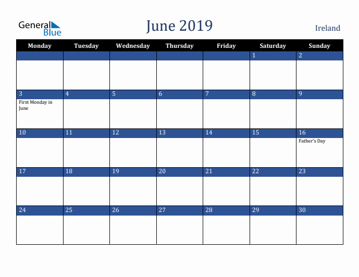 June 2019 Ireland Calendar (Monday Start)