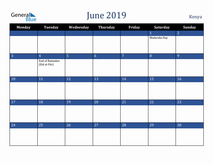 June 2019 Kenya Calendar (Monday Start)