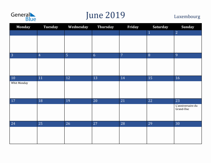 June 2019 Luxembourg Calendar (Monday Start)