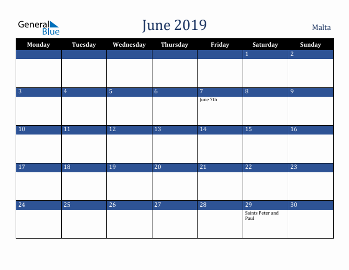 June 2019 Malta Calendar (Monday Start)