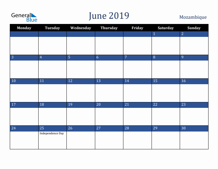 June 2019 Mozambique Calendar (Monday Start)