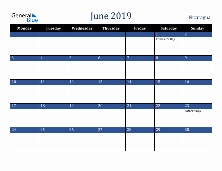 June 2019 Nicaragua Calendar (Monday Start)