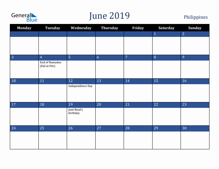 June 2019 Philippines Calendar (Monday Start)