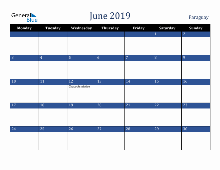 June 2019 Paraguay Calendar (Monday Start)