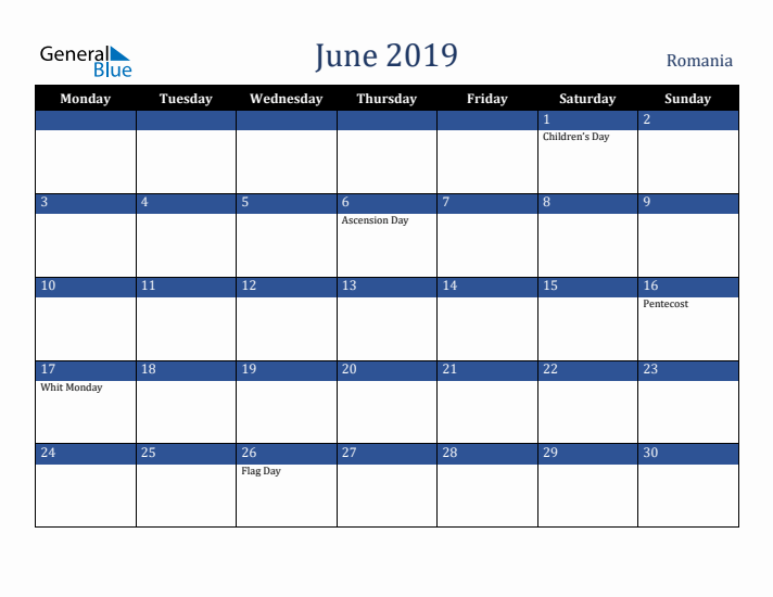 June 2019 Romania Calendar (Monday Start)