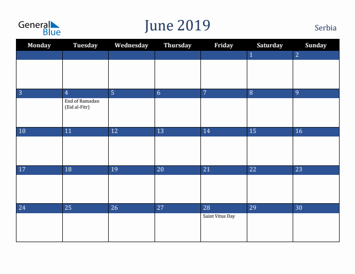 June 2019 Serbia Calendar (Monday Start)