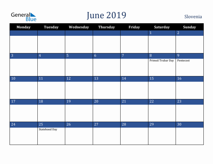 June 2019 Slovenia Calendar (Monday Start)