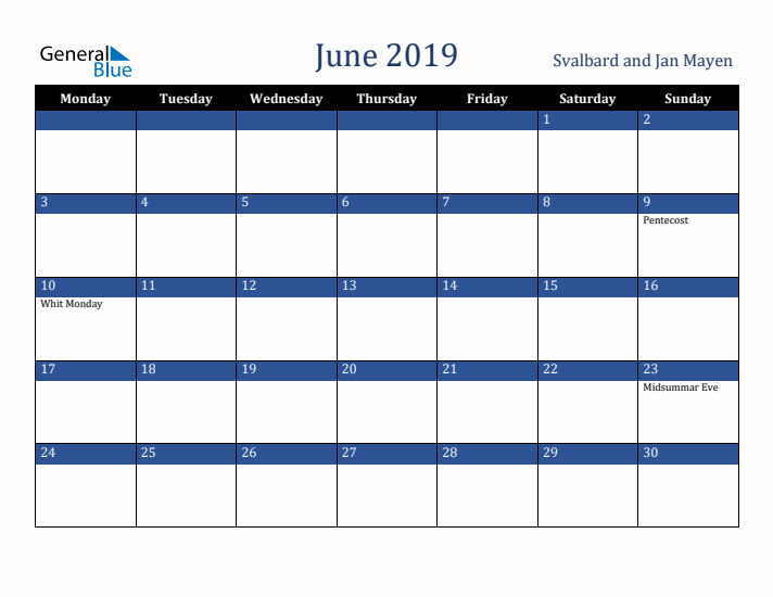 June 2019 Svalbard and Jan Mayen Calendar (Monday Start)
