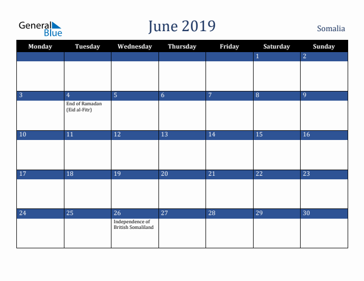 June 2019 Somalia Calendar (Monday Start)