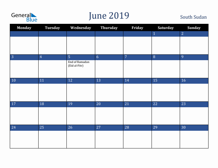 June 2019 South Sudan Calendar (Monday Start)