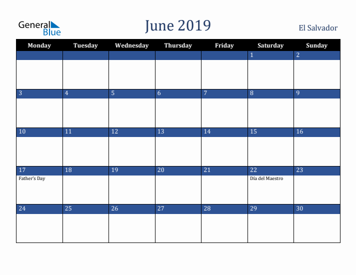 June 2019 El Salvador Calendar (Monday Start)