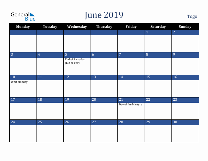 June 2019 Togo Calendar (Monday Start)