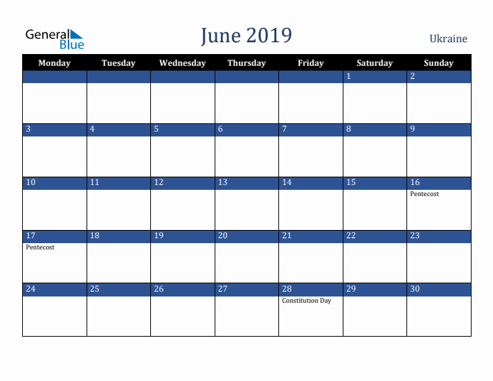 June 2019 Ukraine Calendar (Monday Start)