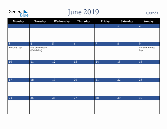 June 2019 Uganda Calendar (Monday Start)