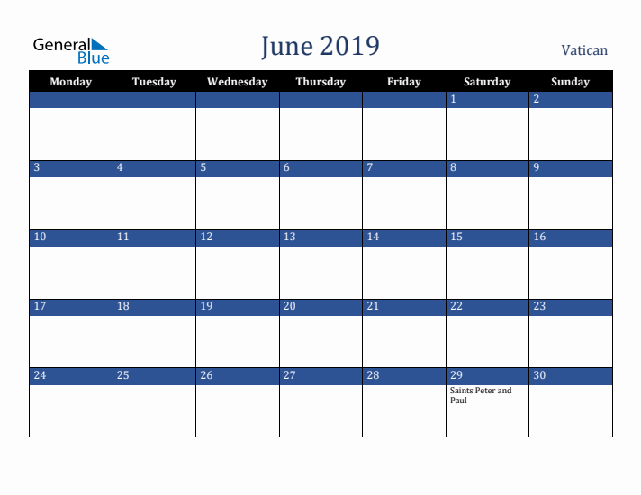 June 2019 Vatican Calendar (Monday Start)