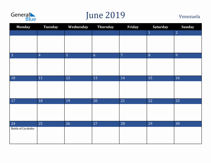 June 2019 Venezuela Calendar (Monday Start)