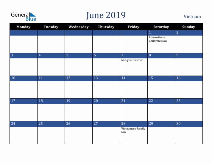 June 2019 Vietnam Calendar (Monday Start)