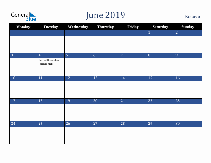 June 2019 Kosovo Calendar (Monday Start)
