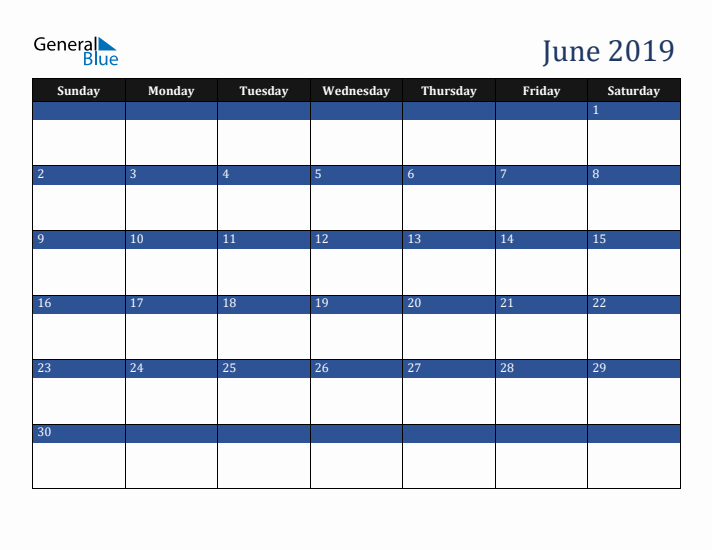 Sunday Start Calendar for June 2019