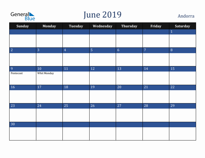 June 2019 Andorra Calendar (Sunday Start)