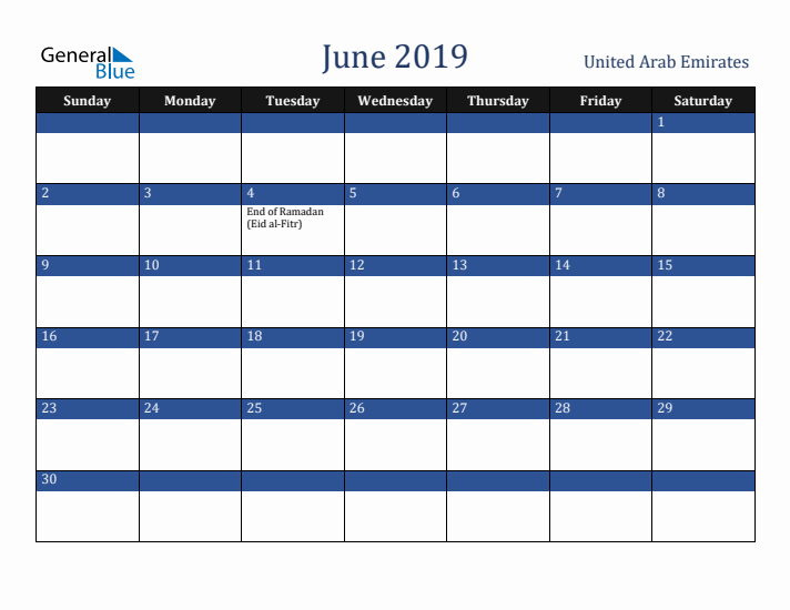 June 2019 United Arab Emirates Calendar (Sunday Start)