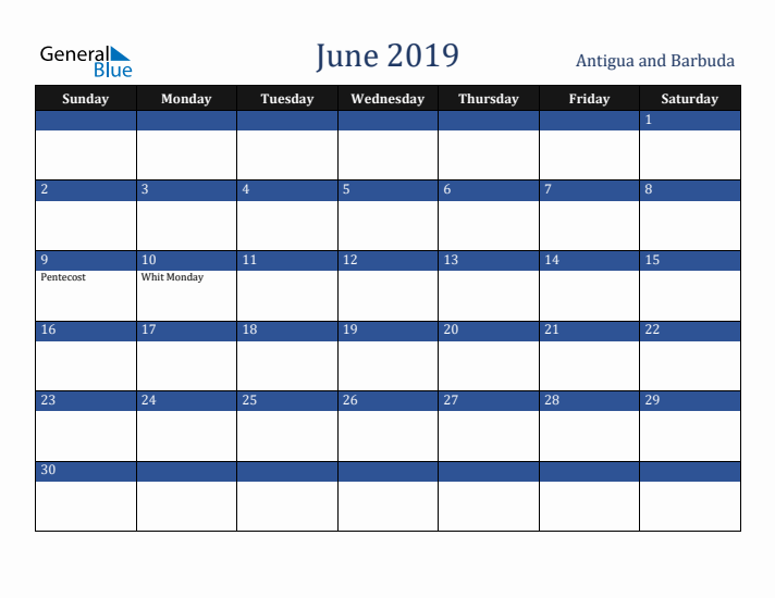 June 2019 Antigua and Barbuda Calendar (Sunday Start)