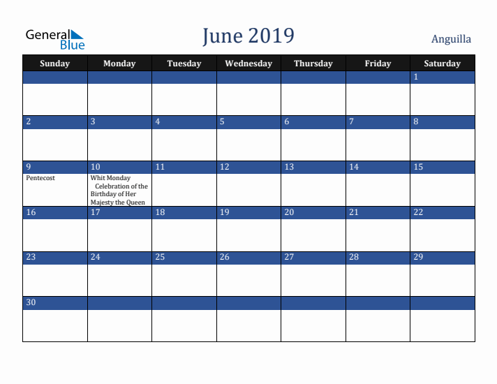 June 2019 Anguilla Calendar (Sunday Start)