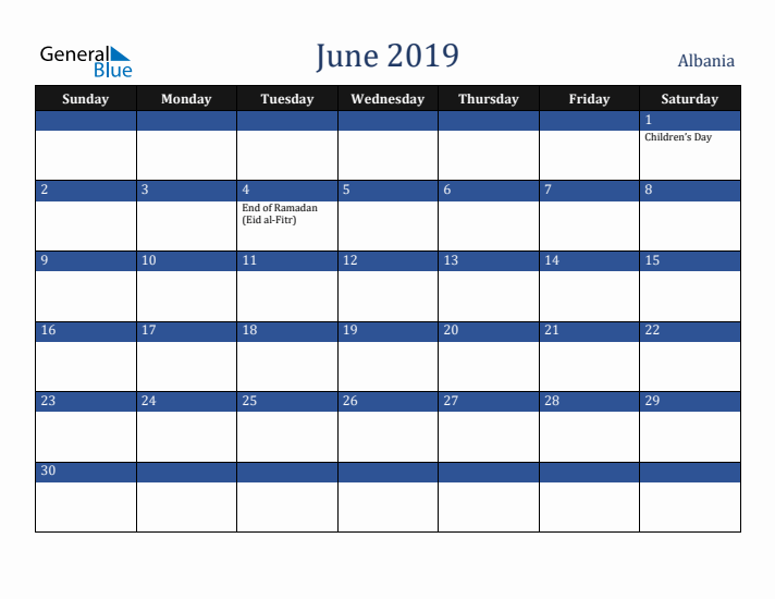 June 2019 Albania Calendar (Sunday Start)
