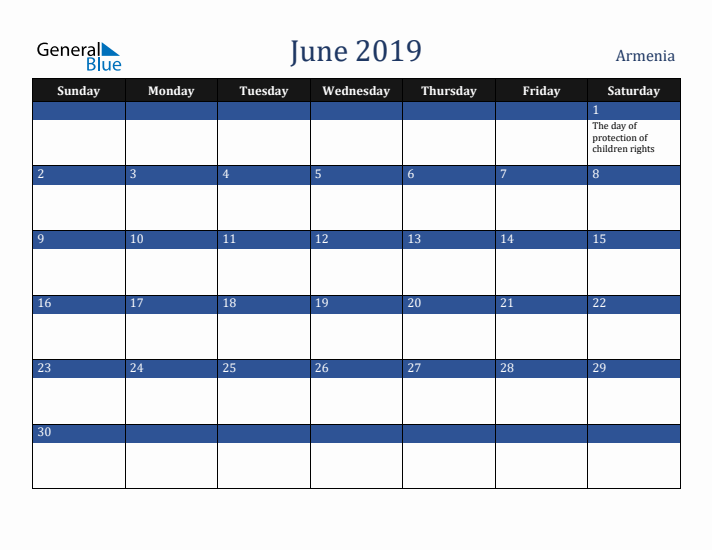 June 2019 Armenia Calendar (Sunday Start)