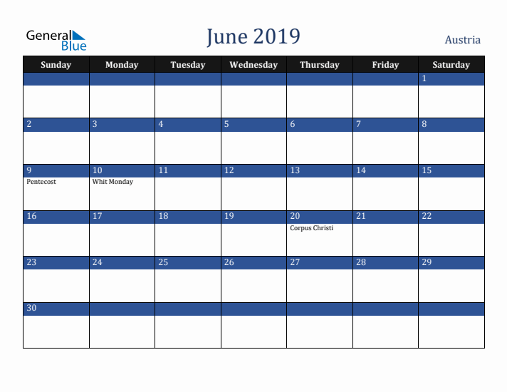 June 2019 Austria Calendar (Sunday Start)