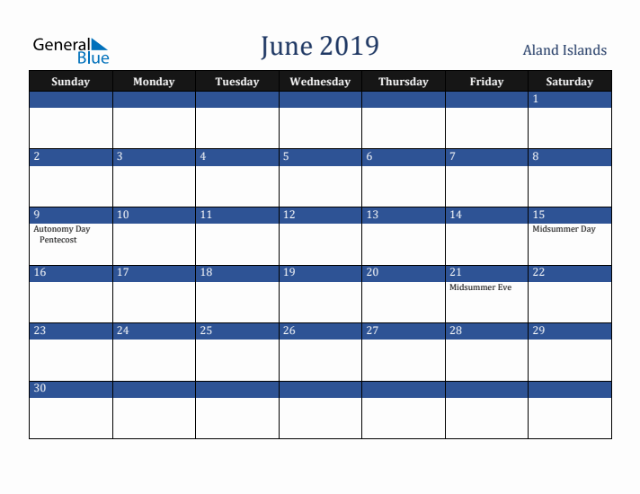 June 2019 Aland Islands Calendar (Sunday Start)
