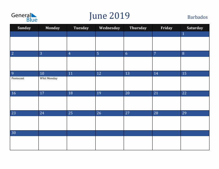 June 2019 Barbados Calendar (Sunday Start)