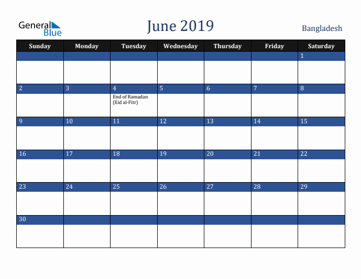 June 2019 Bangladesh Calendar (Sunday Start)