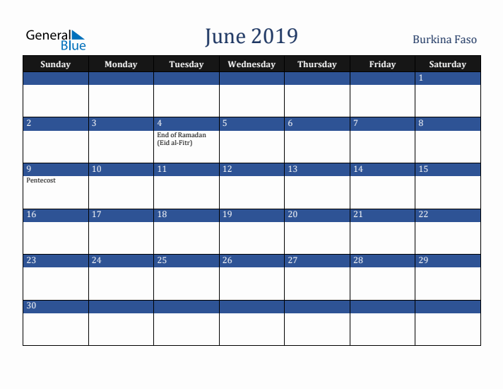 June 2019 Burkina Faso Calendar (Sunday Start)