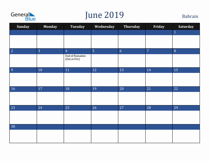June 2019 Bahrain Calendar (Sunday Start)