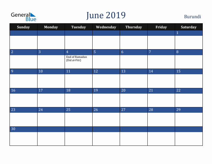 June 2019 Burundi Calendar (Sunday Start)