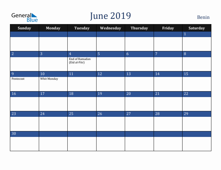June 2019 Benin Calendar (Sunday Start)
